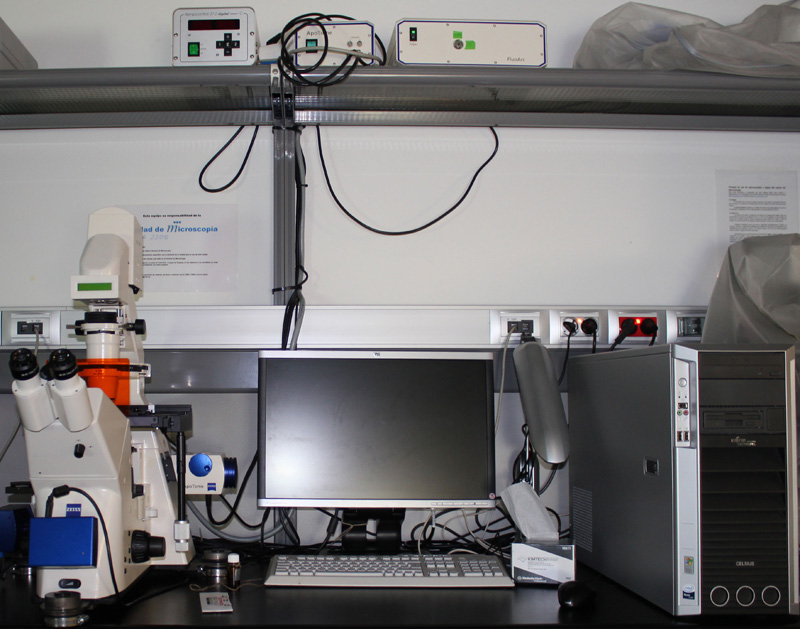 El microscopio Zeiss 200M, con sistema “apotome”, ordenador de trabajo y fuente de iluminación