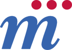 The logotype of the Unit of Microscopy and Dynamic Imaging is a blue m in small caps with 3 red dots centered above the last leg