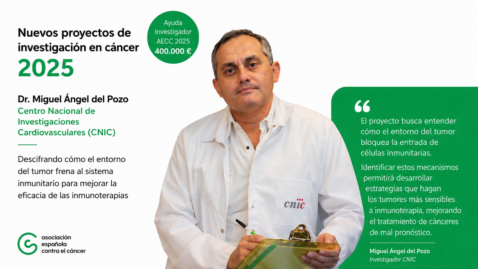 Miguel Ángel del Pozo recibe financiación de la AECC para impulsar su proyecto